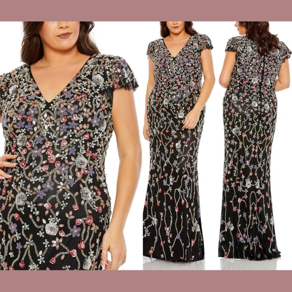 NWT $598 Mac Duggal [PLUS 18W ] Embellished Flutter Cap Sleeve V Neck Gown G1580 - Picture 1 of 15